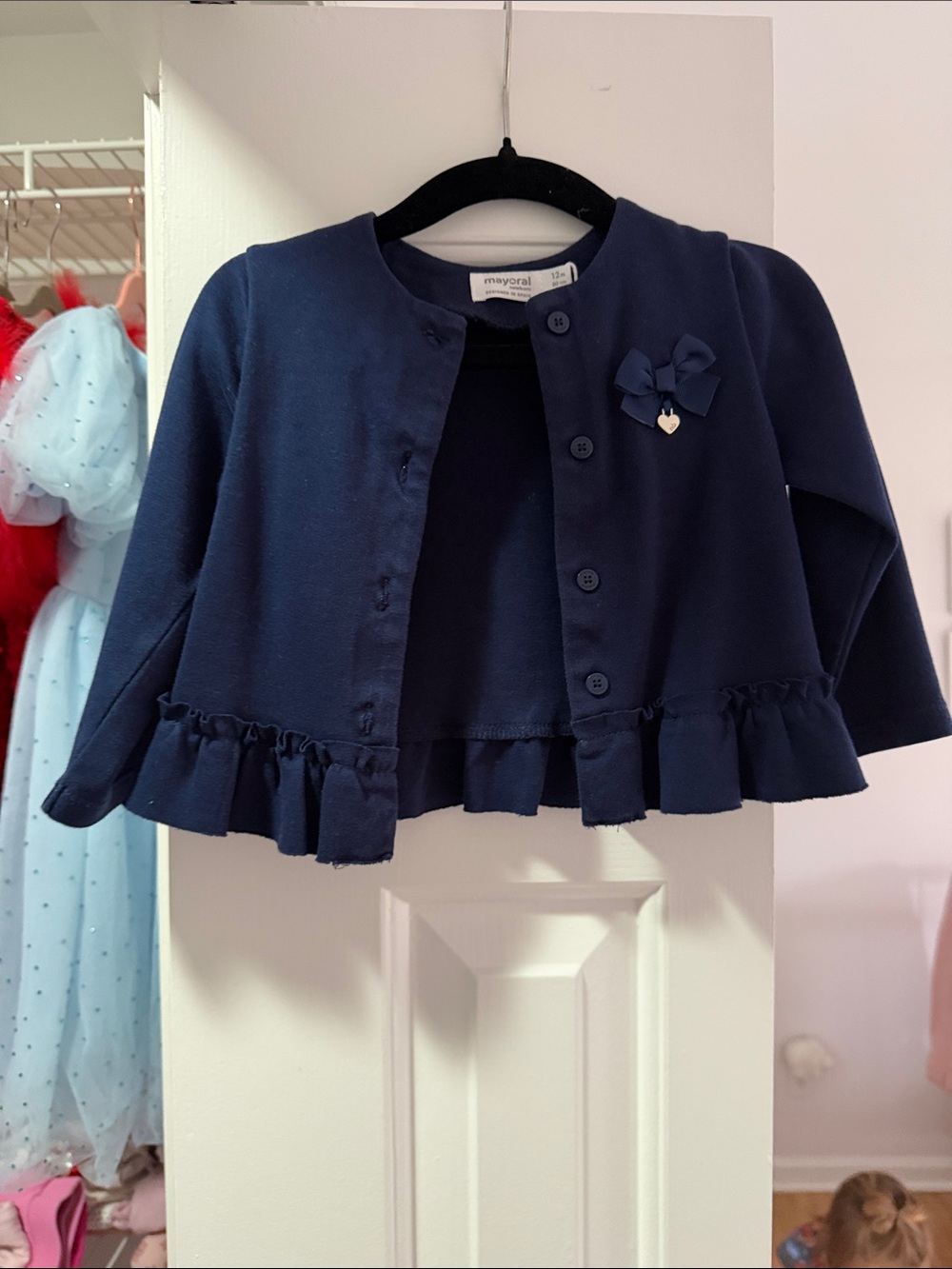 Mayoral Navy Knit Ruffle-Hem Cardigan with Bow Accent